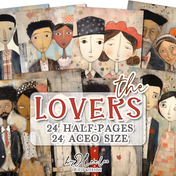 THE LOVERS half pages aceo printable Folk Art | junk journal Valentine tag Mixed Media supplies | aceo vintage card collage diary | pp700