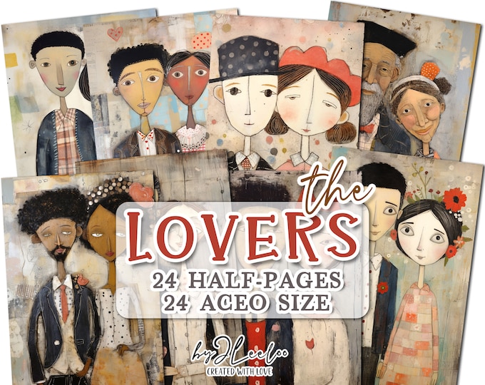THE LOVERS half pages aceo printable Folk Art | junk journal Valentine tag Mixed Media supplies | aceo vintage card collage diary | pp700