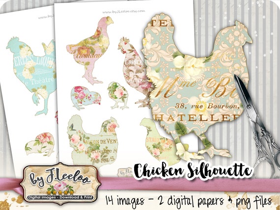CHICKEN SILHOUETTE png jpg files clipart Digital collage sheet farm roses for scrapbooking altered art instant download printable pp499