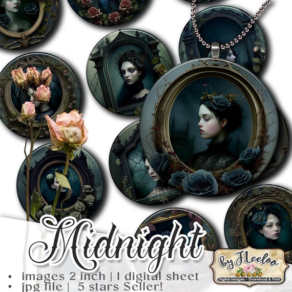 MIDNIGHT 2 inch gothic round | printable melanconic dark woman sheet digital images | victorian flower vintage | instant download tn642