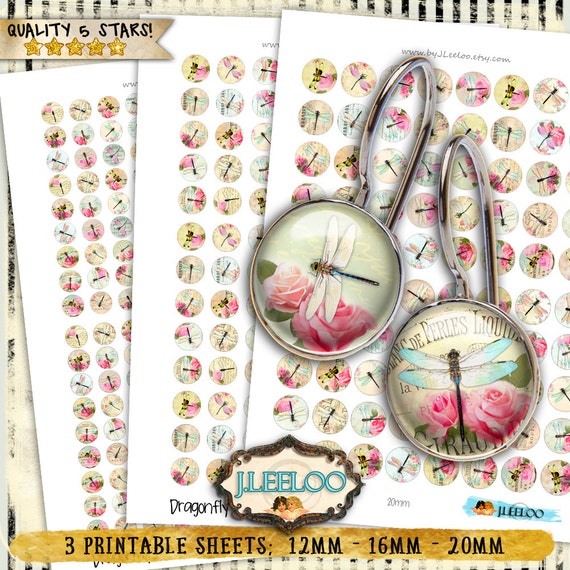 Digital collage sheet DRAGONFLY 12mm 16mm 20mm circle sheets earring ring size chic digital images jewelry instant download tn420