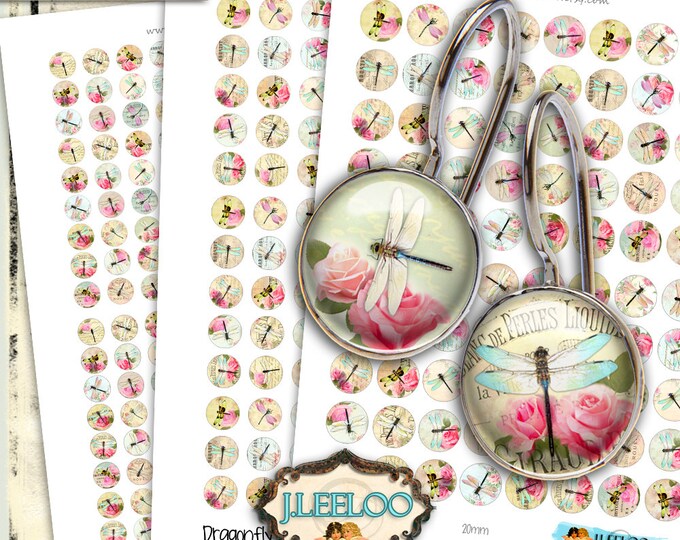 Digital collage sheet DRAGONFLY 12mm 16mm 20mm circle sheets earring ring size chic digital images jewelry instant download tn420