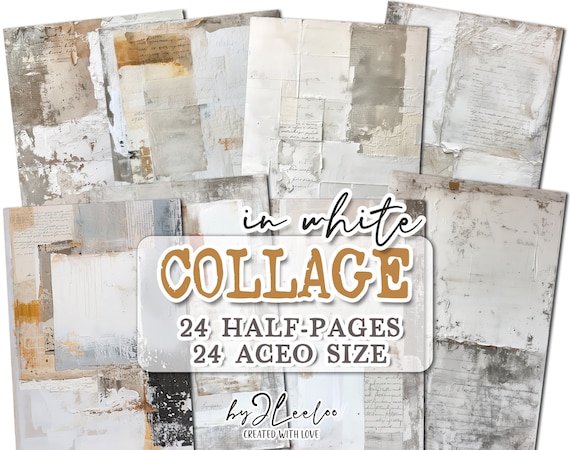 COLLAGE IN WHITE half pages printable | Distressed Collage junk journal Mixed Media supplies | Shabby chic papers card making diary | pp725