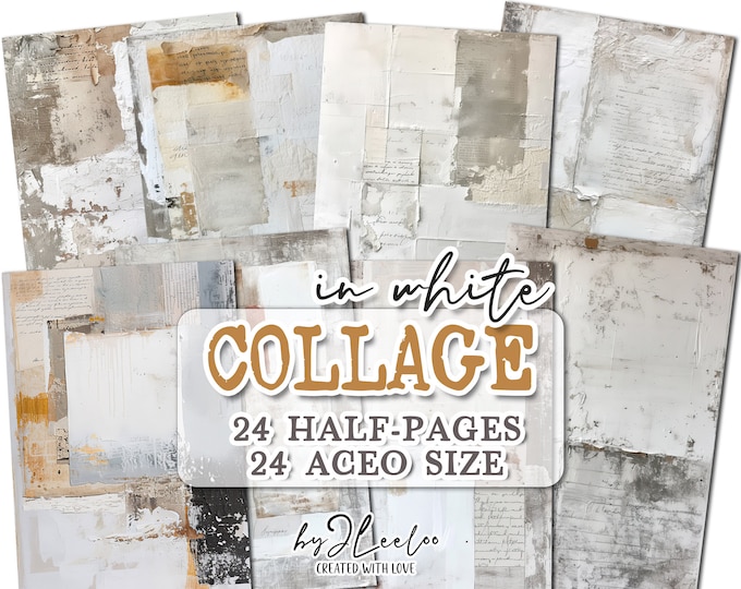 COLLAGE IN WHITE half pages printable | Distressed Collage junk journal Mixed Media supplies | Shabby chic papers card making diary | pp725