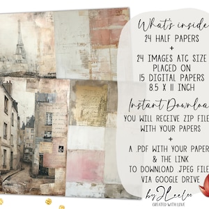 May include: A digital paper pack with 24 half papers and 24 images in ATC size placed on 15 digital papers, each measuring 8.5 x 11 inches. The papers feature a Parisian theme with images of buildings, streets, and the Eiffel Tower. The pack includes a PDF with the papers and a link to download JPEG files via Google Drive. The text "What's inside", "Instant Download", "by Heeloo", and "CREATED WITH LOVE" is also included in the image.