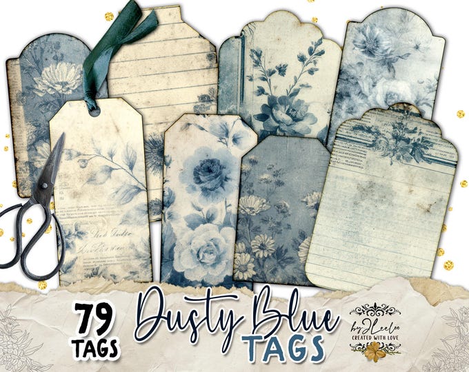 DUSTY BLUE TAGS – 79 printable floral tags in vintage style, for collage, mixed media | paper kit  for scrapbooking & journal making | tl336