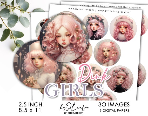 PINK GIRLS 2.5 inch printable cute illustrations | supplies round pendants, bezel trays, glass cabochon mountings, cameo settings | tn689