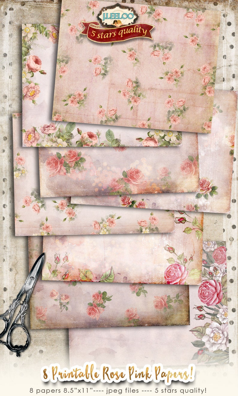 Pink Roses Pattern Paper ROSE PINK PAPERS Printable Paper Pack 8.5 X 11 Inch Scrapbook Ephemera ...