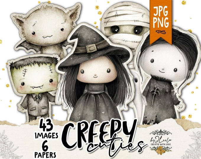 CREEPY CUTIES Halloween Clipart Spooky Cute Characters | Printable Stickers for Junk Journal Scrapbook Party Decor | Craft Supplies | cl204
