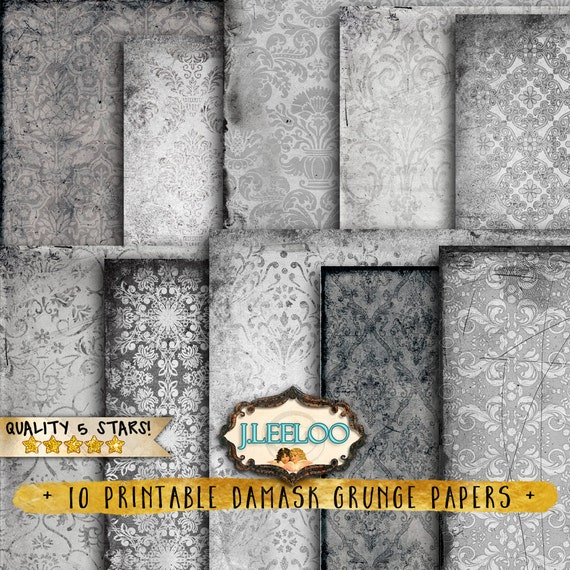 DAMASK GRAY 10 large digital collage sheets paper for scrapbook instant download grunge dirty diary printable invitation card pp328