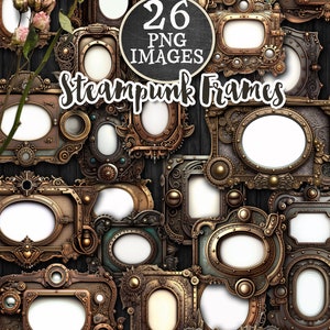 May include: A collection of 26 steampunk-style frames in gold and bronze tones. The frames are decorated with gears, cogs, and other intricate details. The frames are all different shapes and sizes, and they would be perfect for adding a touch of steampunk style to any project.