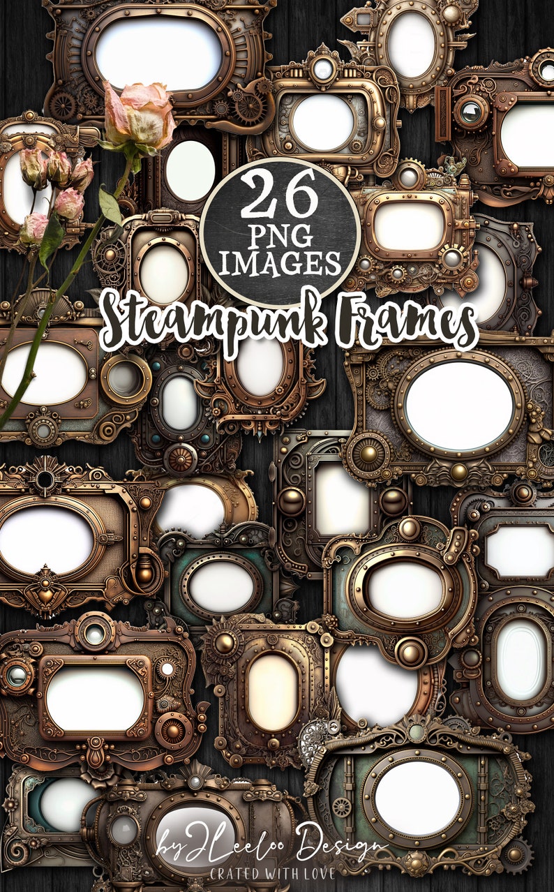 May include: A collection of 26 steampunk-style frames in gold and bronze tones. The frames are decorated with gears, cogs, and other intricate details. The frames are all different shapes and sizes, and they would be perfect for adding a touch of steampunk style to any project.