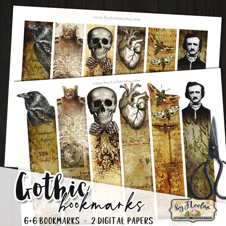 May include: Two sheets of digital paper with gothic themed bookmarks. The bookmarks feature images of a raven, bat, skull, heart, moth, and a portrait of Edgar Allan Poe. The text "Gothic Bookmarks" and "6+6 Bookmarks - 2 Digital Papers" is printed on the bottom of the sheets.