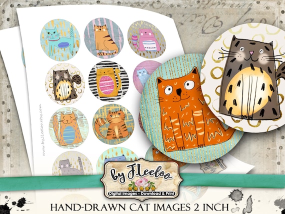 CATS 2 inch hand drawn round digital paper circle large scrapbook scrap magnet instant download printable image tn588
