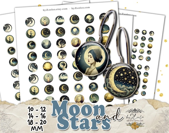MOON AND STARS Digital Cabochon Images | Moon Jewelry, Scrapbooking, Printable Ephemera | Earrings, Bracelets, Rings, Crafts Vintage | tn843