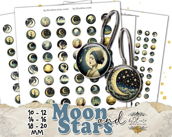 MOON AND STARS Digital Cabochon Images | Moon Jewelry, Scrapbooking, Printable Ephemera | Earrings, Bracelets, Rings, Crafts Vintage | tn843