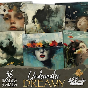 UNDERWATER DREAMY 56 illustrazione 3 dimensioni / Ritratto di donna surreale Collage pittorico stravagante diario di ritagli Uso commerciale / cp027