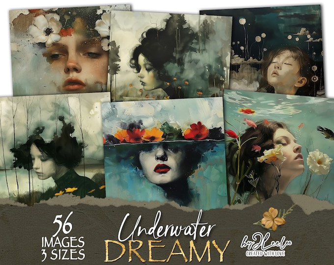 UNDERWATER DREAMY 56 illustration 3 sizes | Surreal woman portrait Whimsical Painterly Collage junk journal scrapbook Commercial Use | cp027