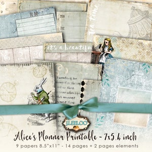 Peut inclure: Alice's Planner Printable - 7x5.4 pouces. Un ensemble de 9 papiers, 8.5 x 11 pouces, avec 14 pages et 2 pages d'éléments. Les papiers présentent un style vintage avec des illustrations de personnages d'Alice au pays des merveilles, des horloges et des tasses à thé. Les papiers sont parfaits pour créer des planificateurs, des journaux et d'autres objets d'artisanat en papier.