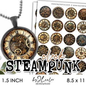 May include: A set of 1.5 inch diameter clock face stickers with a steampunk design. The stickers feature intricate clockwork designs with gold and brown accents. The stickers are arranged in a grid pattern on a white background. The text "clock steampunk" is printed in black letters below the stickers. The text "1.5 inch" is printed in black letters on the left side of the image. The text "8.5 x 11" is printed in black letters on the right side of the image. The text "by JLeeloo" is printed in black letters below the stickers. The text "CREATED WITH LOVE" is printed in black letters below the text "by JLeeloo".