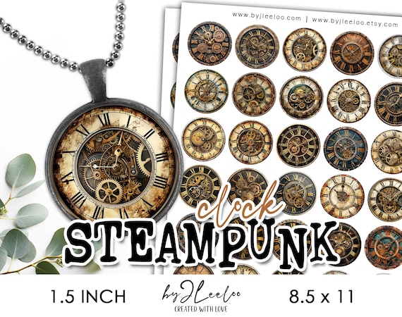 STEAMPUNK CLOCK 1.5 inch printable | Vintage supplies round pendant sticker mirror | fussy cut decoration junk journal scrapbooking | tn765