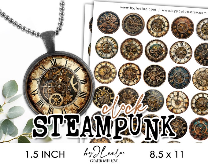 STEAMPUNK CLOCK 1.5 inch printable | Vintage supplies round pendant sticker mirror | fussy cut decoration junk journal scrapbooking | tn765