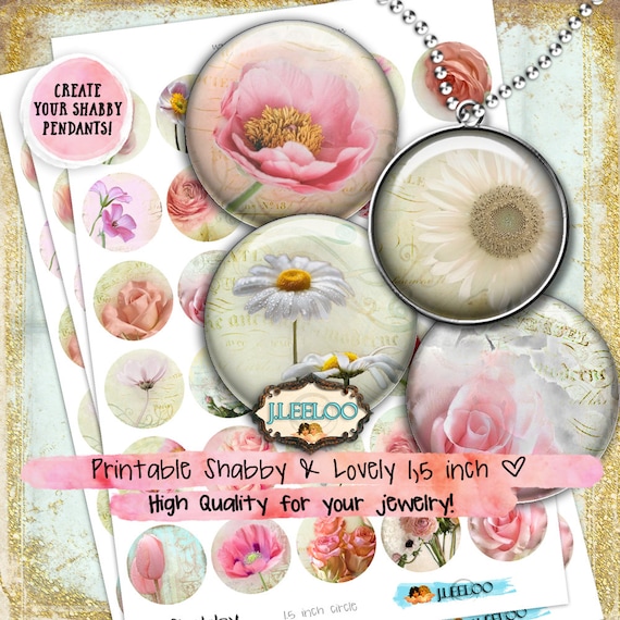 SHABBY Digital printable 1.5 inch circle sheet digital images french rose flower chic vintage pendant craft instant download tn514