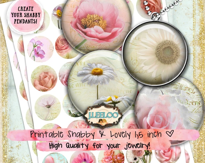 SHABBY Digital printable 1.5 inch circle sheet digital images french rose flower chic vintage pendant craft instant download tn514