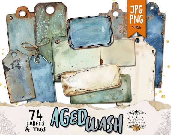 AGED WASH 74 Labels and Tags printable | PNG Jpg old grungy watercolor style | ephemera junk journal digital kit  commercial use | tl315