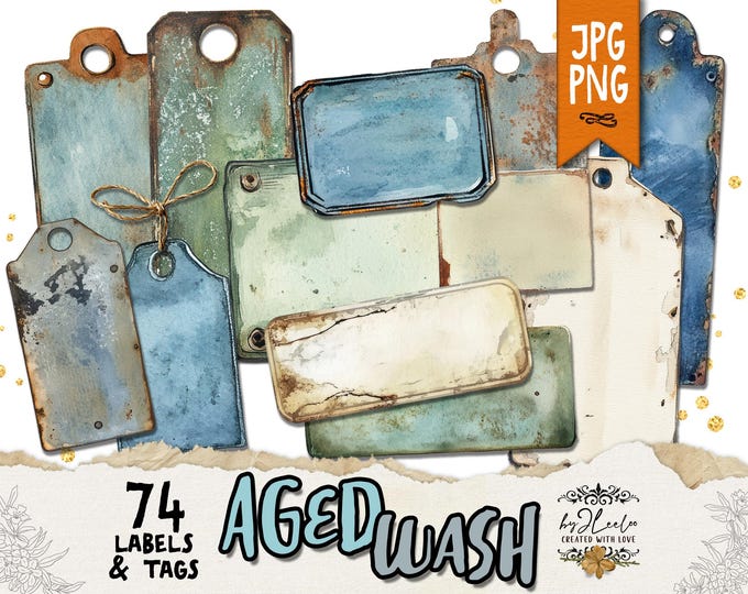 AGED WASH 74 Labels and Tags printable | PNG Jpg old grungy watercolor style | ephemera junk journal digital kit  commercial use | tl315