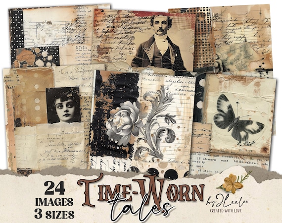 TIME-WORN TALES 24 background 3 Sizes | Junk Journal Collage Pages | Backdrop neutral papers | scrapbook digital | Commercial Use | pp929