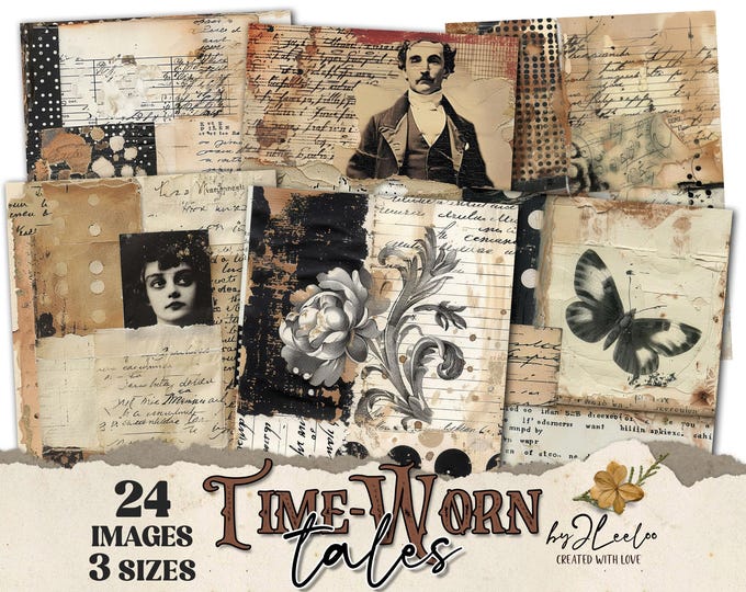 TIME-WORN TALES 24 background 3 Sizes | Junk Journal Collage Pages | Backdrop neutral papers | scrapbook digital | Commercial Use | pp929