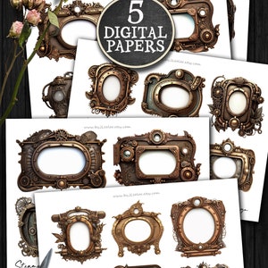 May include: Five digital papers featuring steampunk-style frames with intricate details in shades of gold and brown. The frames are designed with gears, cogs, and other mechanical elements.