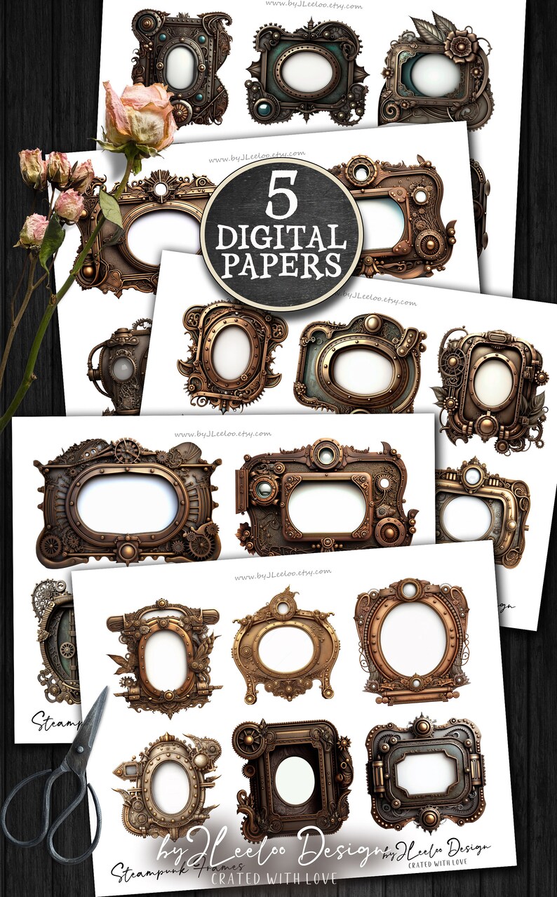 May include: Five digital papers featuring steampunk-style frames with intricate details in shades of gold and brown. The frames are designed with gears, cogs, and other mechanical elements.