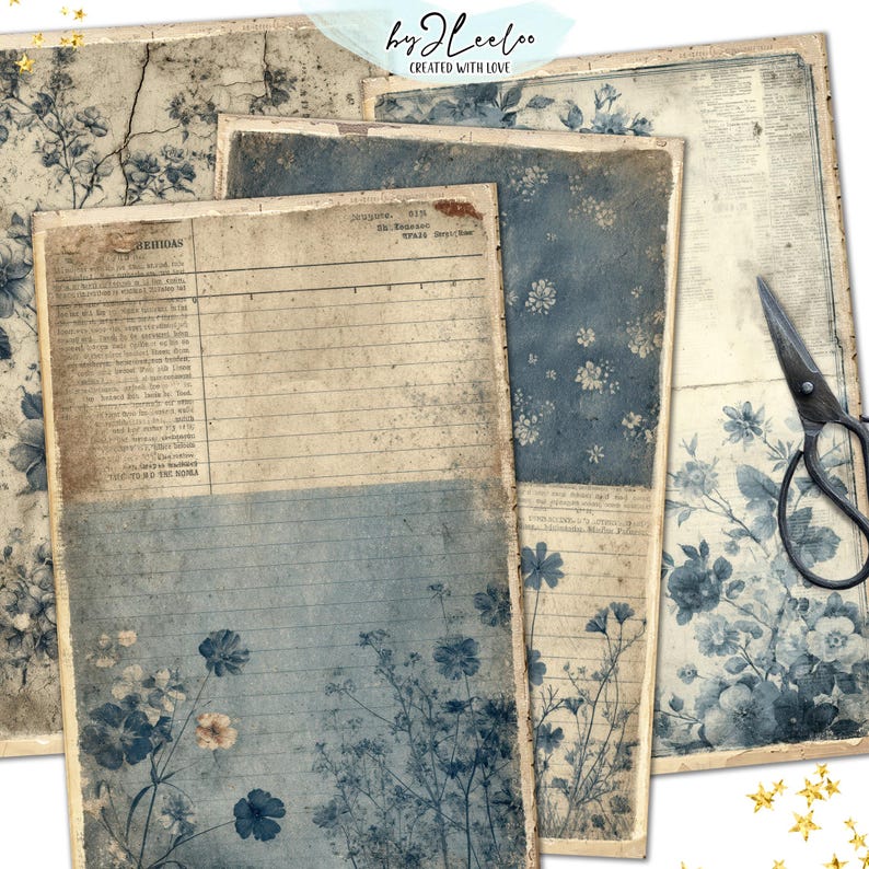Dusty BLUE PAPERS Vintage Floral Grunge Pages & Half Pages, Printable ...