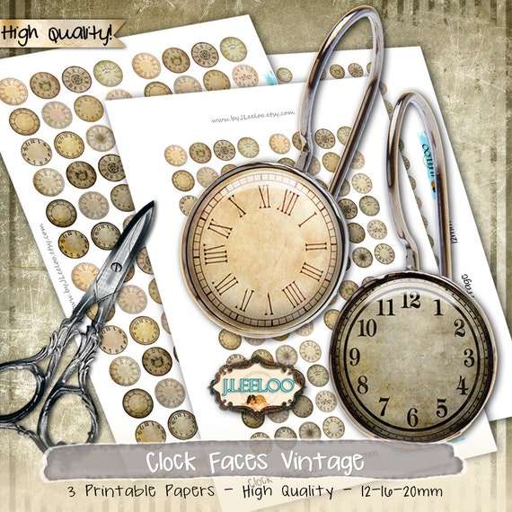 CLOCK FACE VINTAGE 20mm 16mm 12mm circle sheets earring ring size steampunk digital images jewelry instant download tn542
