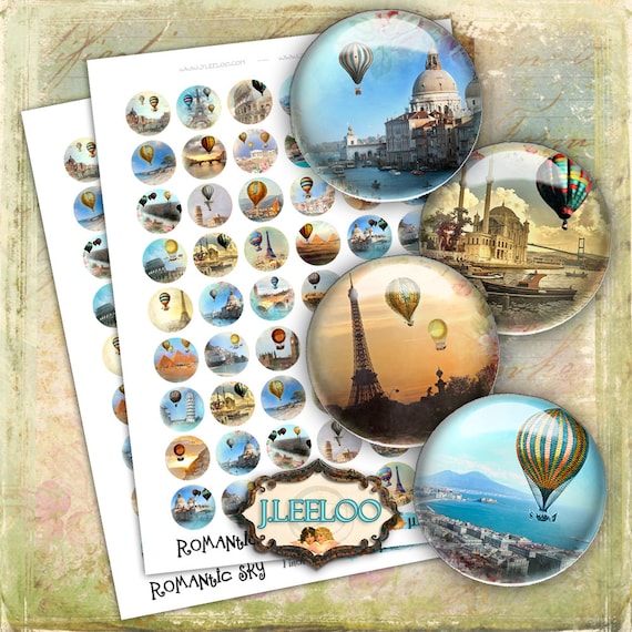 Digital printable ROMANTIC SKY 1 inch circle sheet digital images hot air balloon paper goods pendant craft instant download tn427