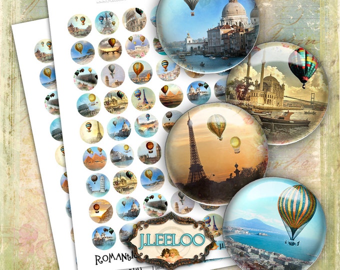Digital printable ROMANTIC SKY 1 inch circle sheet digital images hot air balloon paper goods pendant craft instant download tn427