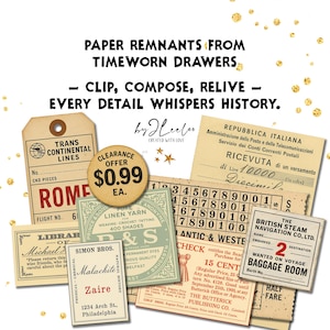 May include: A selection of aged paper ephemera, such as travel tickets, receipts, and labels. The items display aged textures, faded colours, and various fonts. Text includes "Trans Continental Lines", "Rome", and "Clearance Offer &pound;0.99".