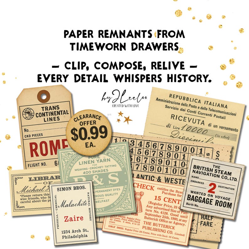 May include: A selection of aged paper ephemera, such as travel tickets, receipts, and labels. The items display aged textures, faded colours, and various fonts. Text includes "Trans Continental Lines", "Rome", and "Clearance Offer &pound;0.99".
