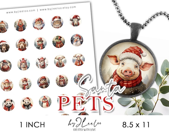 SANTA PETS 1 inch printable christmas holidays | supplies round pendants, bezel trays, glass cabochon mountings, cameo settings | tn680