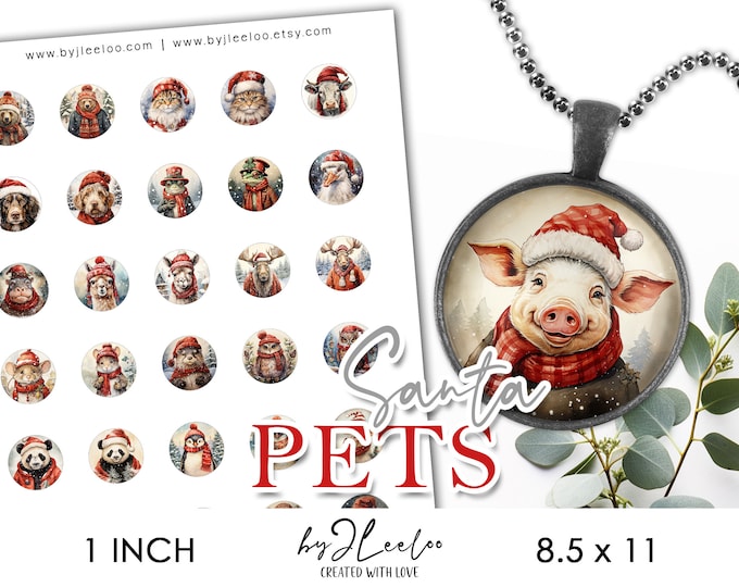 SANTA PETS 1 inch printable christmas holidays | supplies round pendants, bezel trays, glass cabochon mountings, cameo settings | tn680