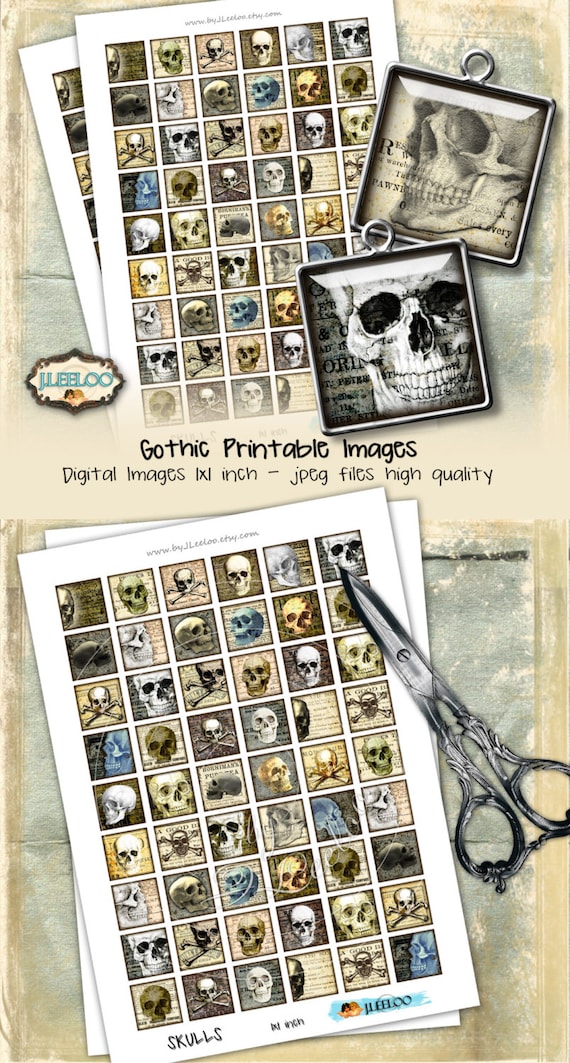SKULLS printable 1x1 inch square for goth scary resin pendant bezel trays halloween scrapbook instant download collage sheet qu463