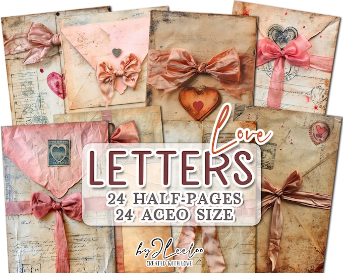 LOVE LETTERS half pages printable | junk journal Valentine tag Mixed Media supplies | Ephemera aceo vintage card art collage diary | pp701