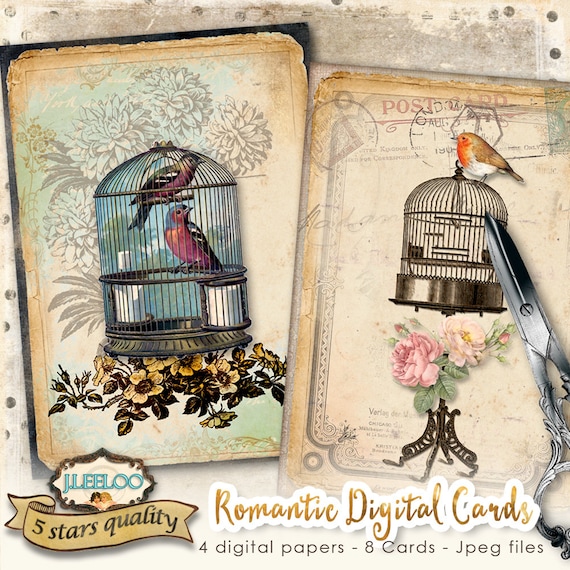 BIRD CAGE cards 5x7 inch Victorian Vintage Digital collage sheet journal craft art diary scrapbook instant download printable pp425