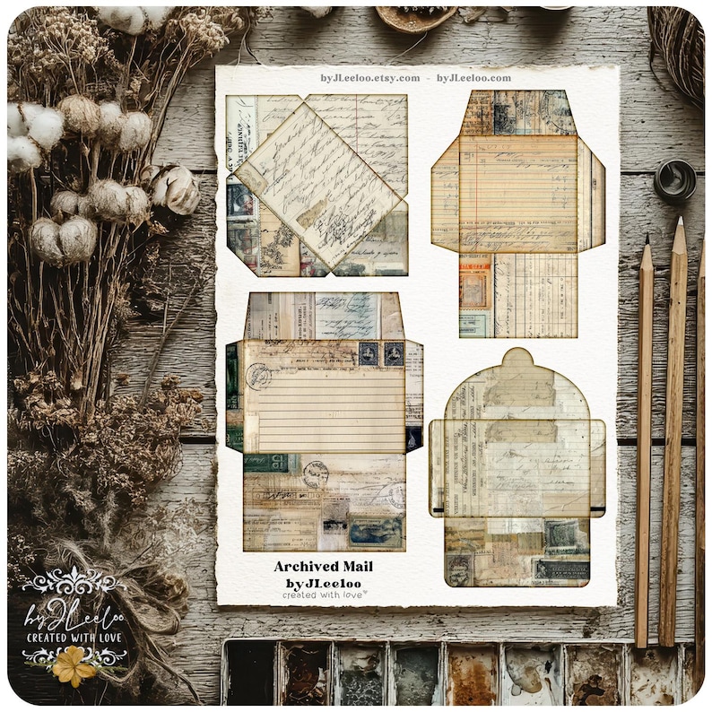 May include: Four vintage-style paper envelope templates with aged paper textures, stamps, and handwritten script. The words "Archived Mail" and "by JLeeLoo created with love" are visible. The envelopes are arranged on a wooden surface.