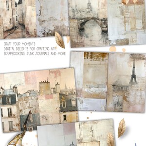 May include: A digital paper pack with a Parisian theme. The pack includes 24 half papers, 24 aceo cards, and 15 digital papers. The papers feature a variety of images, including buildings, bridges, and the Eiffel Tower. The papers are perfect for scrapbooking, junk journaling, and other crafting projects.