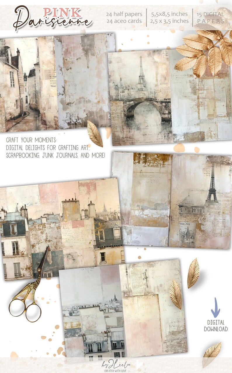 May include: A digital paper pack with a Parisian theme. The pack includes 24 half papers, 24 aceo cards, and 15 digital papers. The papers feature a variety of images, including buildings, bridges, and the Eiffel Tower. The papers are perfect for scrapbooking, junk journaling, and other crafting projects.