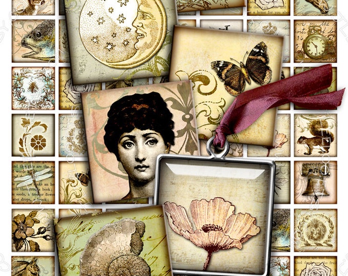 Digital download VINTAGE 1x1 inch square  steampunk deer mon top hat hang tags sticker jewelry holder instant download printable qu338