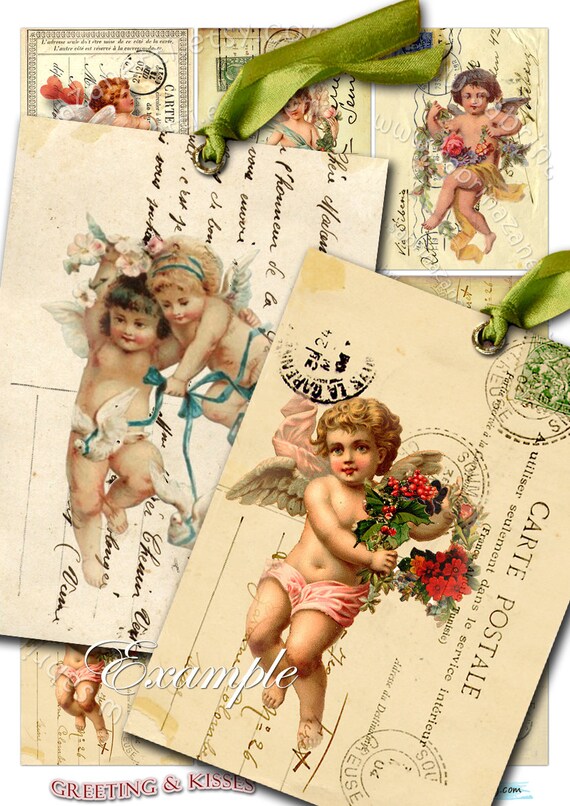 GREETING AND KISSES atc aceo size  printable hang tags cherubs Digital collage sheet instant backround postcard ephemera graphic ac151
